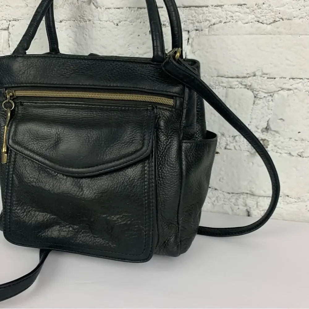 Fossil Black Pebbled Leather Mini Satchel Flap Handbag Crossbody Purse
